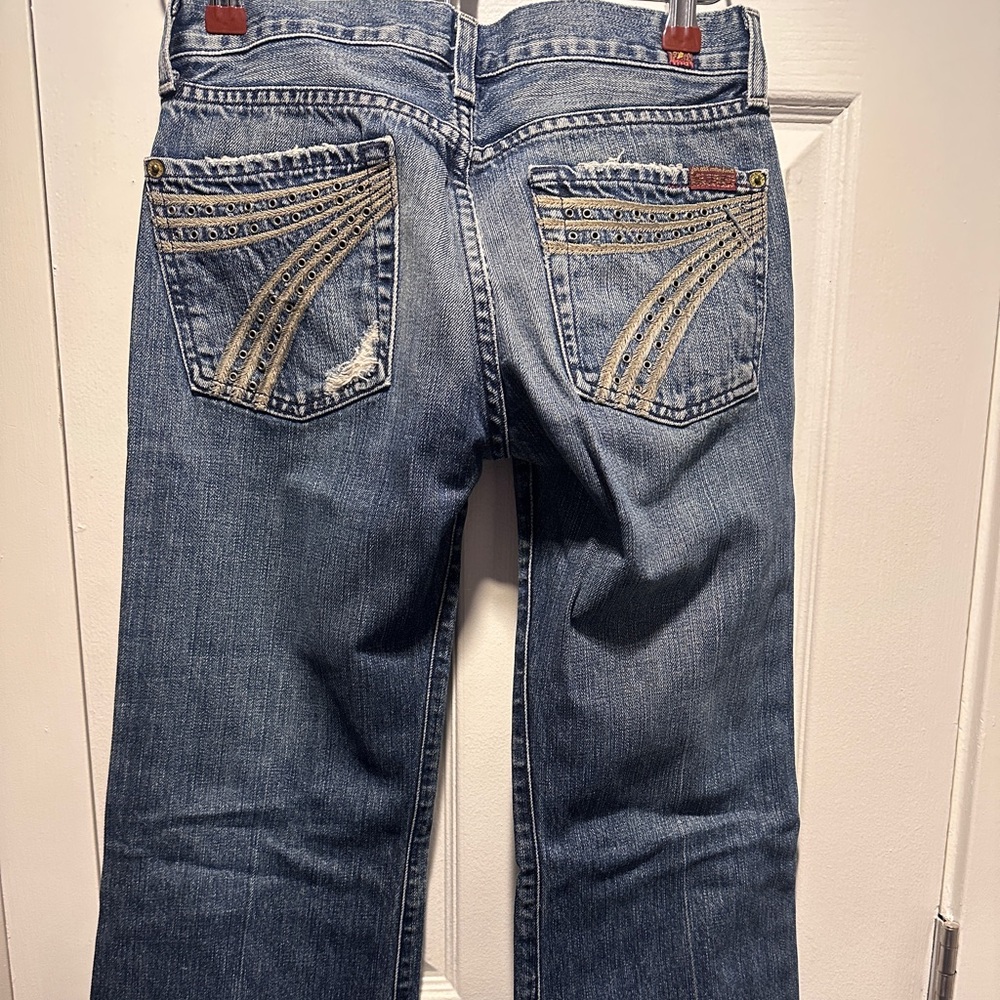 7 For All Mankind Women's Blue Jeans with Tan Stitching